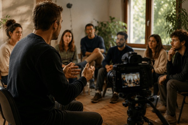 Groupe de personnes écoutant une personne
